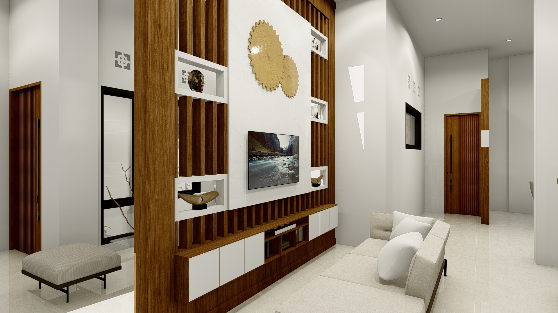 desain ruang nonoton dengan partisi ruangan desain kayu