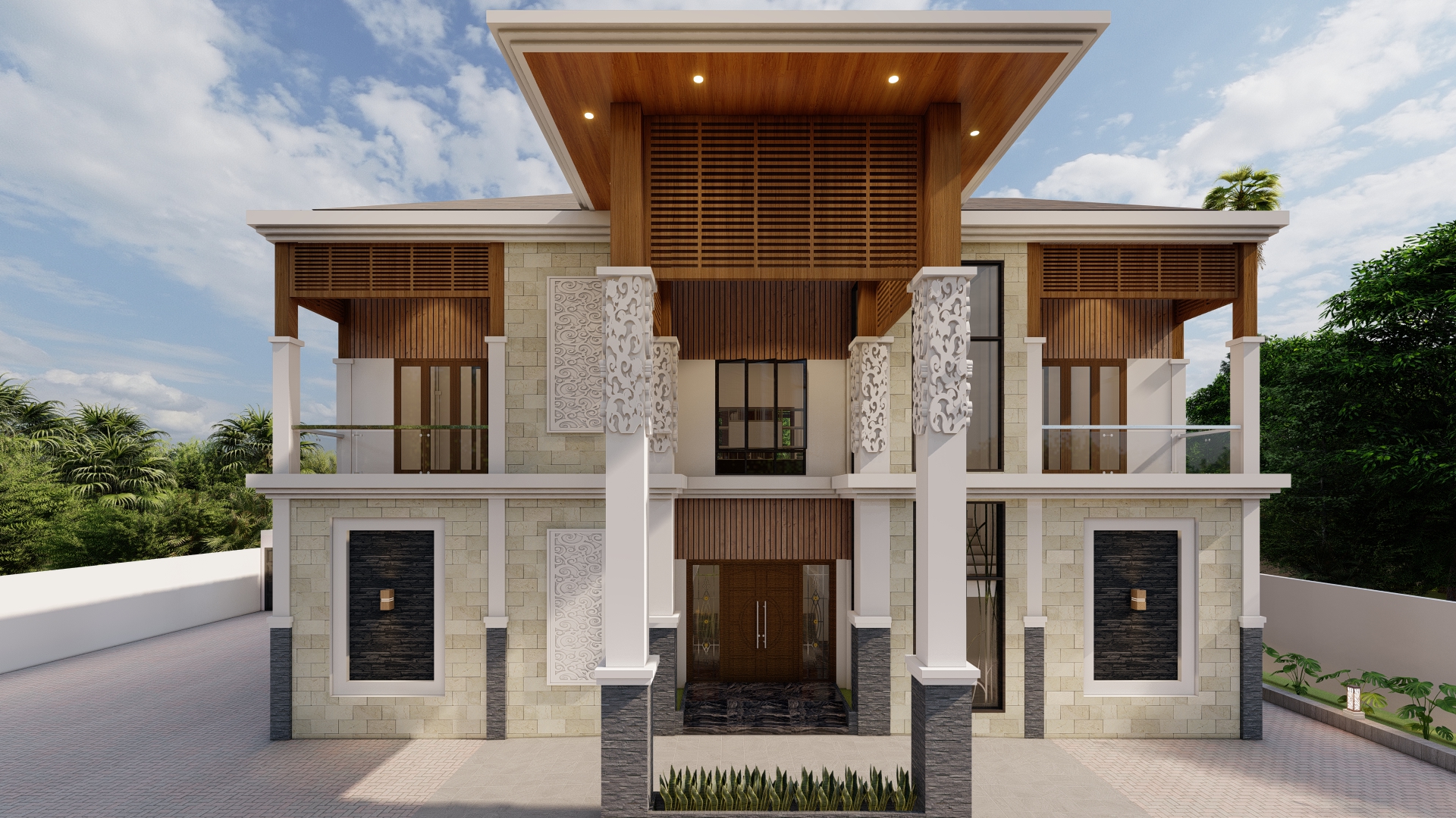 desain rumah dua lantai konsep bai modern tropis di sumatera